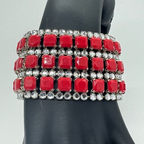 Lane Bryant 2 inch Width Sparkling Red Silver tone Bangle Style Bracelet - Picture 4 of 5